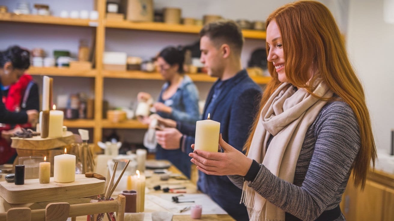Beginners learning how to make eco-friendly candles at a DIY craft class.