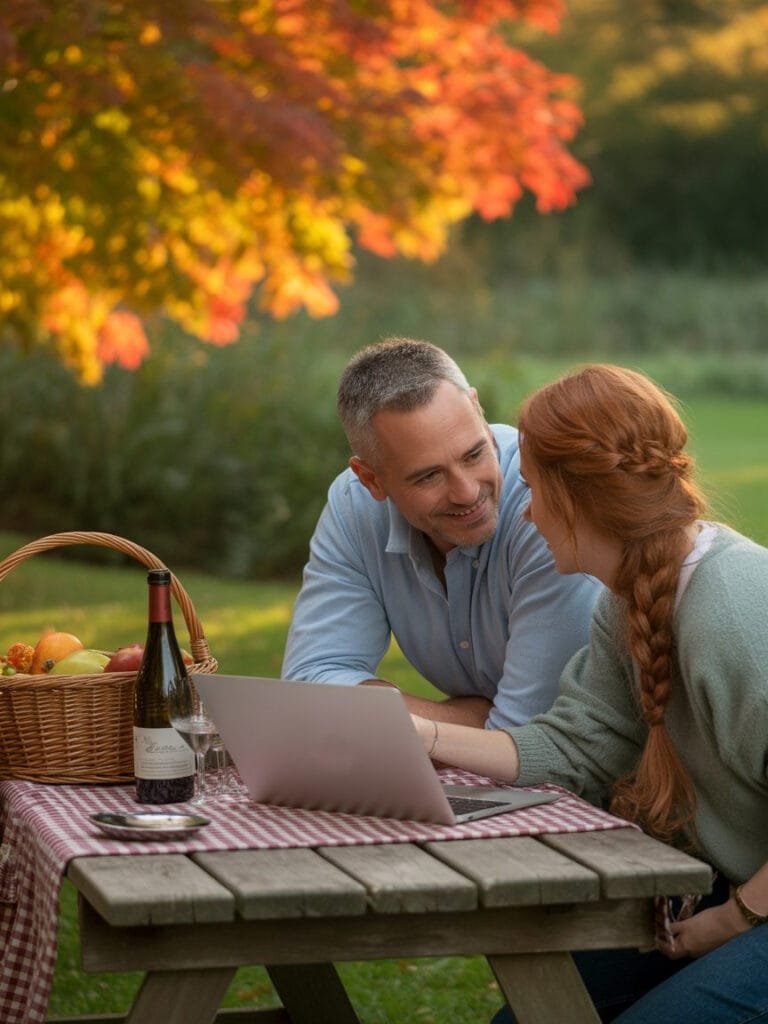 A photograph of a relaxed couple sharing a quiet moment during a late afternoon picnic. The man, with short, salt-and-pepper hair and a gentle smile, leans forward slightly, while the woman with long, flowing auburn hair in a loose braid gazes attentively at the laptop screen between them. A checkered picnic blanket is spread beneath the weathered wooden table, adorned with a basket overflowing with fruit and a half-empty bottle of wine. The scene unfolds within a vibrant autumn garden, with fiery orange and red maple trees softly blurring in the warm, golden light of the setting sun.