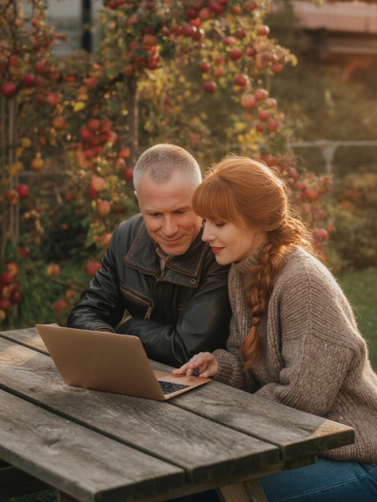 A photograph of a middle-aged couple enjoying a peaceful moment together. The man has short, salt-and-pepper hair and wears a worn leather jacket, while the woman has long, flowing auburn hair pulled back in a loose braid and a cozy knitted sweater. They are seated at a weathered wooden picnic table, bathed in the warm, amber glow of the golden hour light as they look down at a vintage laptop. Behind them, a small, vibrant autumn garden bursts with color; red and orange leaves from apple trees gently fall onto the ground.