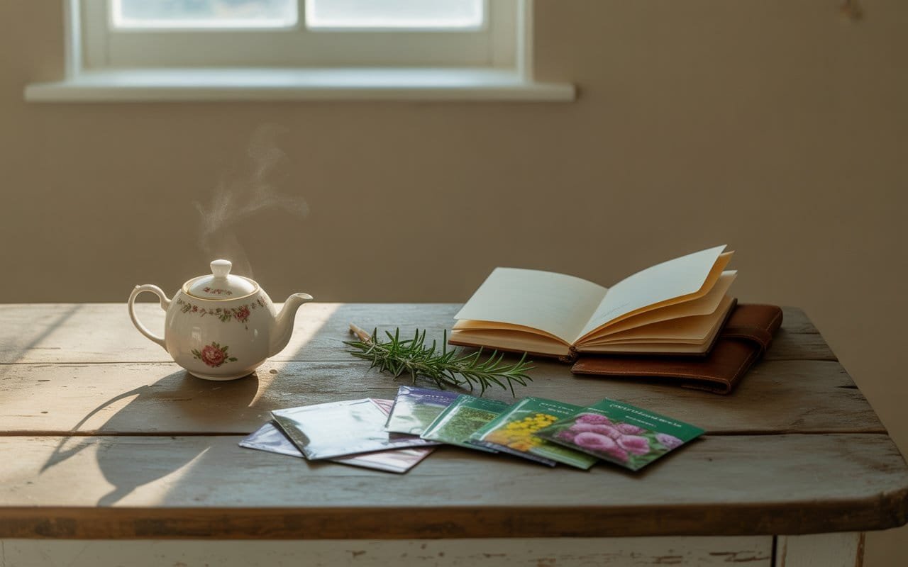 Planning a new self-sufficiency at home journey over a pot of tea and seed packets.