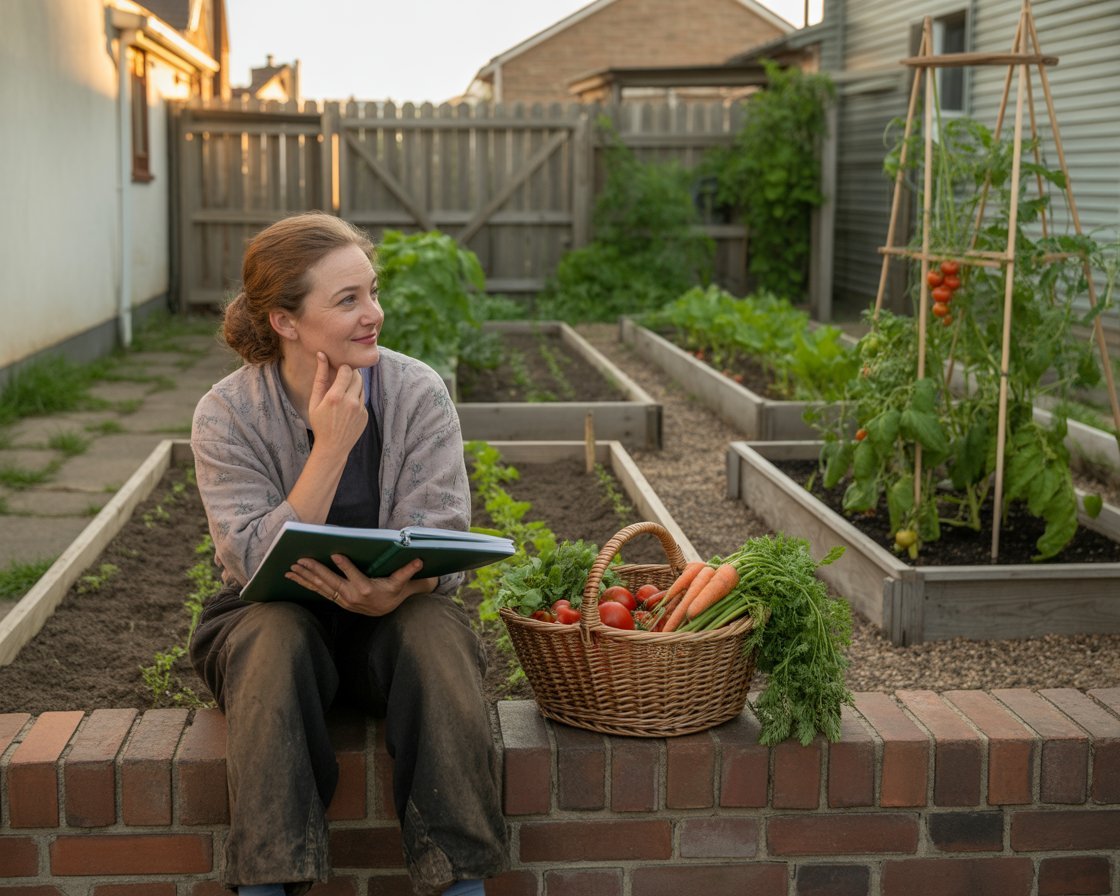 A gardener sitting on a low wall or stool at dusk with a small basket of produce beside them, notebook in hand, symbolising reflection and planning for next season.