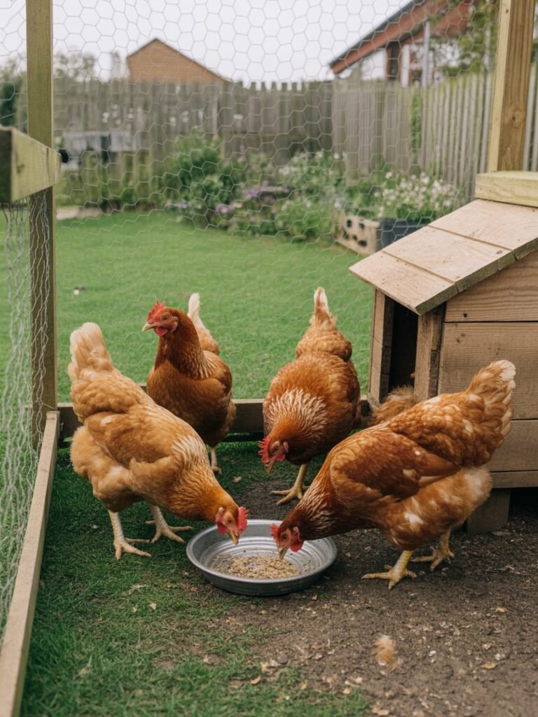 Small flock of hens in a compact UK garden small-space homestead
