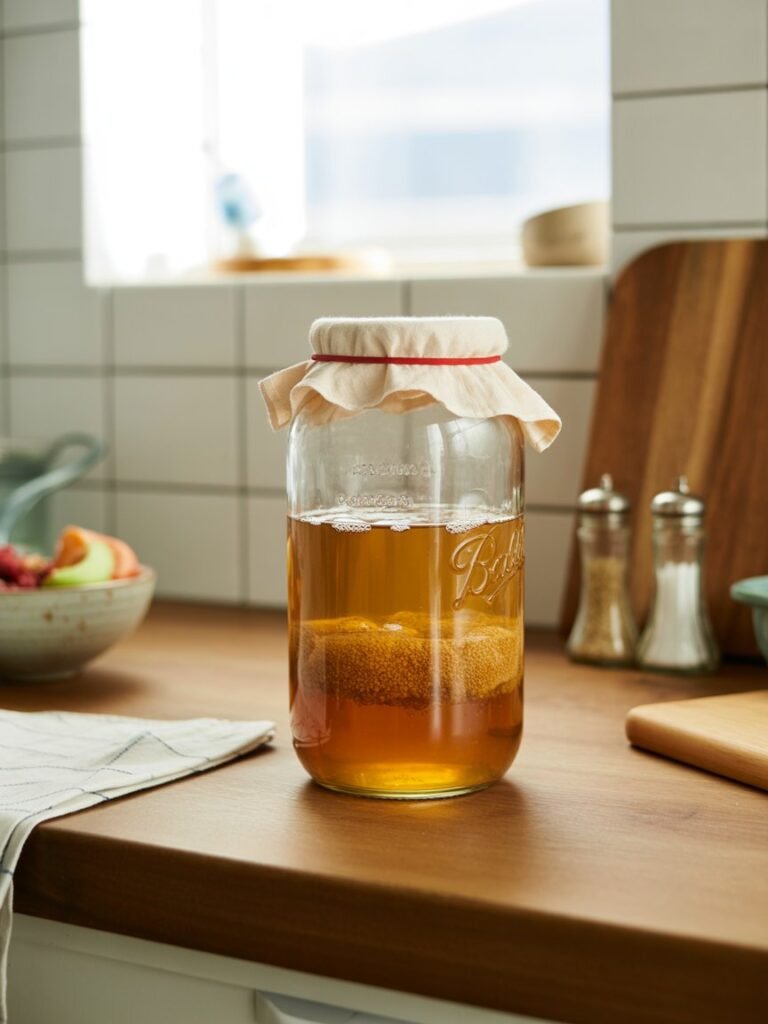 Kombucha brewing in a small-space homestead kitchen