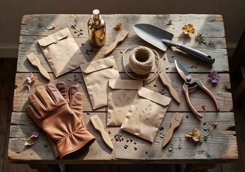 Flatlay of seed packets suitable for April UK sowing.