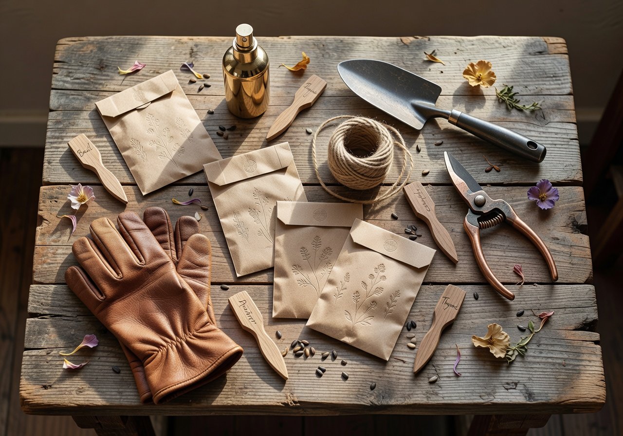 Flatlay of seed packets suitable for April UK sowing.